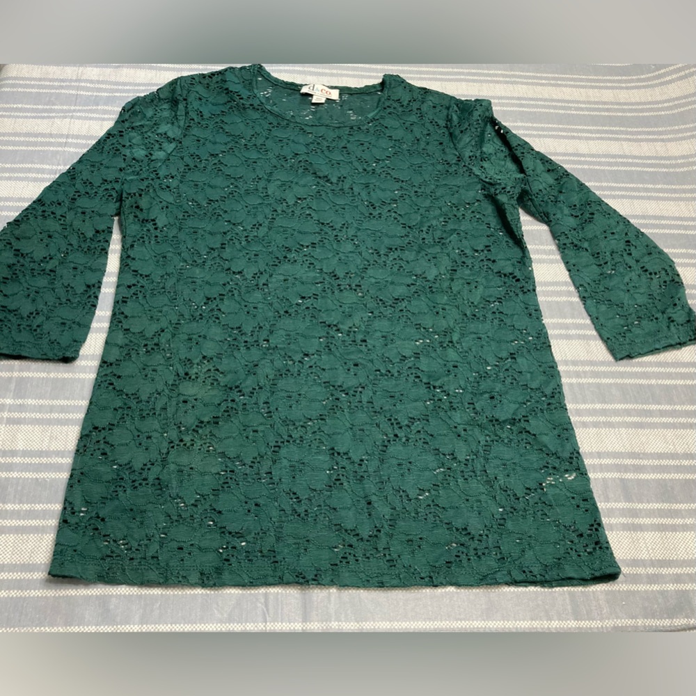D & Co. emerald green sheer lace top.